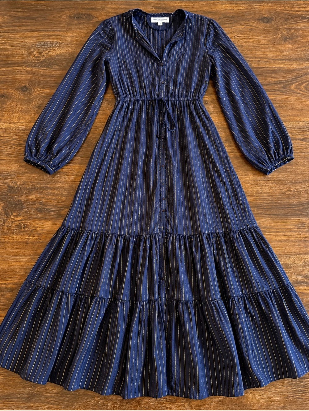Emerson Fry India Collection Navy Gold Stripe Cotton Maxi Dress Size S